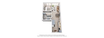 A 3D floor plan of a small apartment with a kitchen, living room, and bathroom.