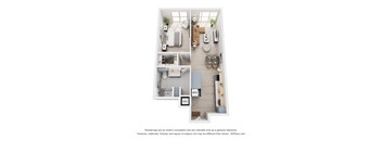 A 3D floor plan of a small apartment with a kitchen, living room, and bathroom.