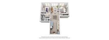 A 3D floor plan of a small apartment with a kitchen, living room, and bathroom.