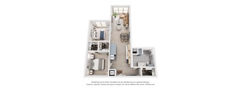 A 3D floor plan of a house with a kitchen, living room, and bathroom.