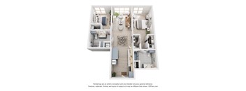 A 3D floor plan of a house with a kitchen, living room, dining room, and bathrooms.