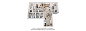 A 3D floor plan of a house with a kitchen, living room, and bathrooms.