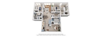 A 3D floor plan of a house with a kitchen, living room, dining room, and bathrooms.