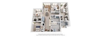 A 3D floor plan of a house with labeled rooms.