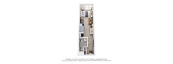 A floor plan of a small apartment with a kitchen, living room, and bedroom.