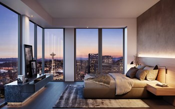 the modern bedroom with evening space needle view - Photo Gallery 6