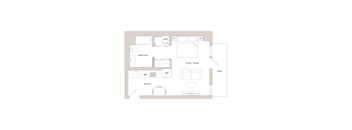 A floor plan of a house with a living room, dining room, kitchen, bathroom, and patio.