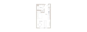 A floor plan of a small apartment with a living room, dining room, kitchen, and bathroom.