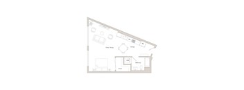 A floor plan of a small apartment with a kitchen, living room, and bedroom.