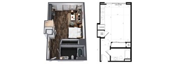 A floor plan of a small apartment with a kitchen, living room, and bathroom.