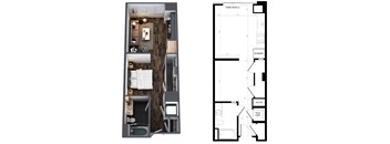A floor plan of a small apartment with a kitchen, living room, and bathroom.