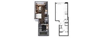 A floor plan of a small apartment with a kitchen, living room, and bathroom.
