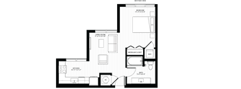 A floor plan of a house with a kitchen, living room, and bathroom.
