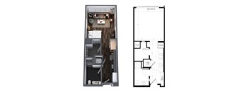 A floor plan of a small apartment with a kitchen, living room, and bathroom.
