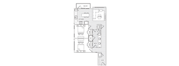 A black and white floor plan of an apartment with a living room, two bedrooms, a kitchen, a bathroom, and a balcony.