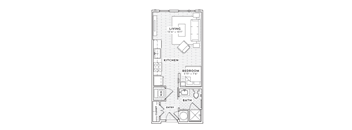 A floor plan of a small apartment with a living room, kitchen, bedroom, bathroom, and entry closet.