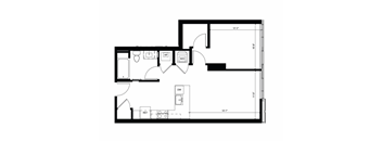 A floor plan of a room with a kitchen, bathroom, and living room.