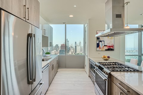 a kitchen with stainless steel appliances and a view of the city