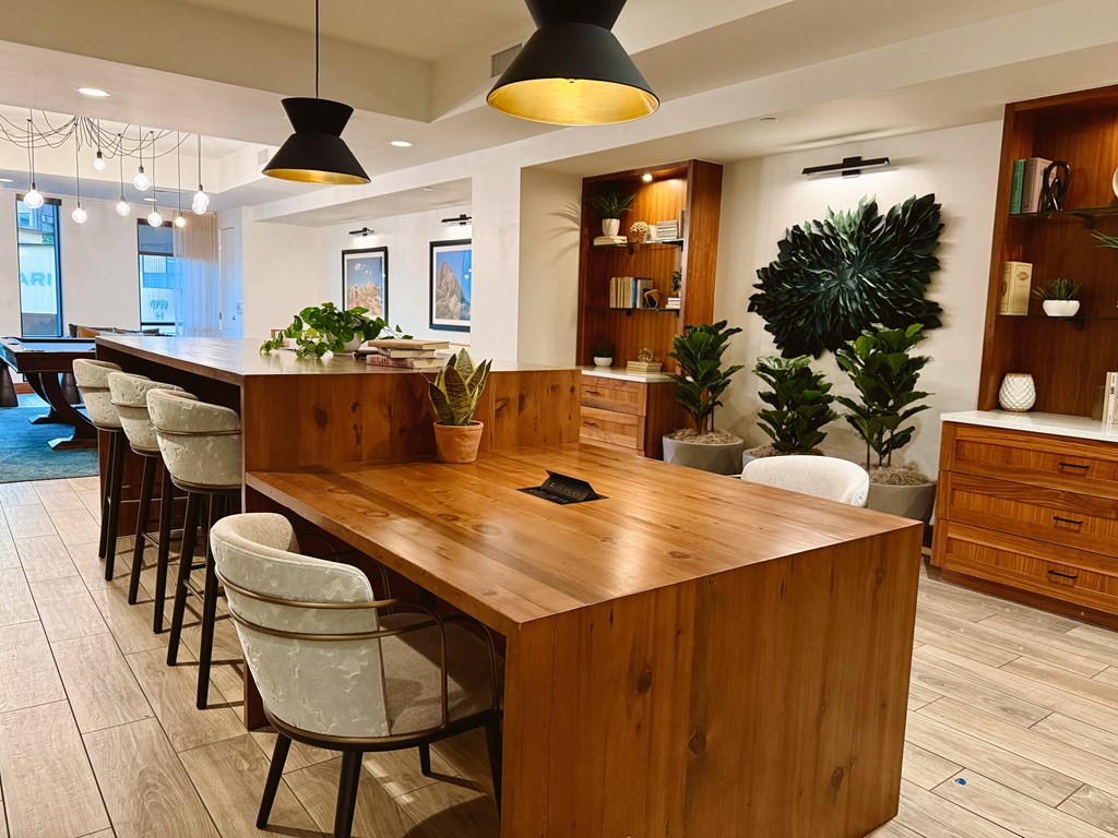 A long wooden table with chairs and a green plant in the middle.