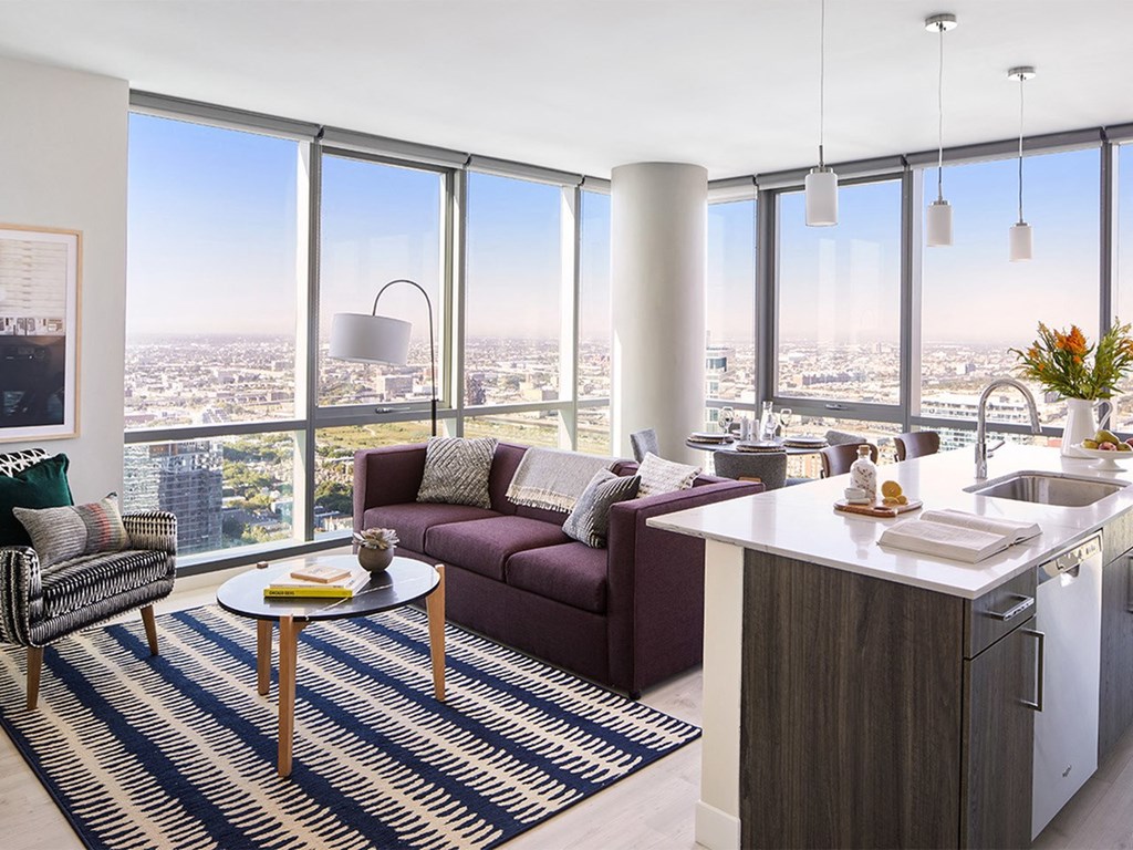 Sentral Michigan Avenue One-Bedroom Open Living Room and Kitchen Concept