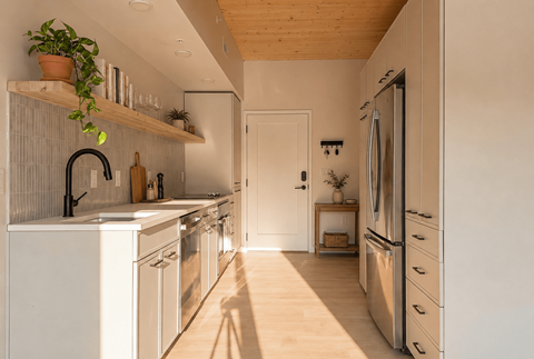 A kitchen with white cabinets and a wooden ceiling.