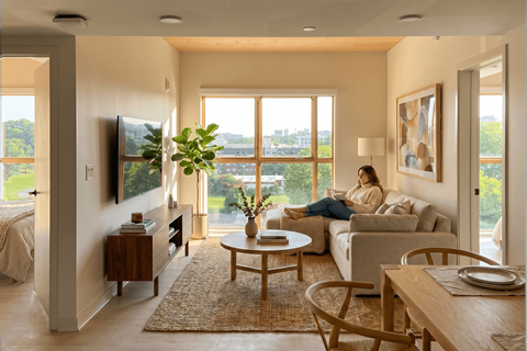 A woman is sitting on a couch in a living room with a view of the city.