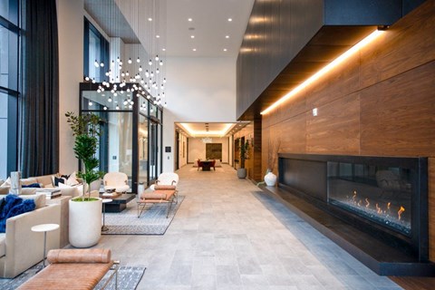 Styled Lobby Patios & Waterfront Seating | The Sutton, Portland OR