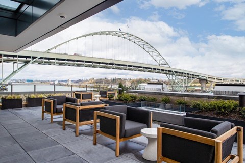 Landscaped Rooftop Terrace with Panoramas, Fire Pit & BBQs with Riverfront Seating | The Sutton, Portland OR