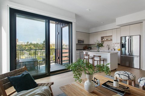 Balcony off the Living Room of a Two Bedroom Apartment at Ten 310 in Los Angeles, CA.