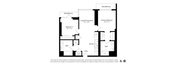 A floor plan of an apartment with a living room, dining room, kitchen, two bathrooms, two bedrooms, and a balcony.
