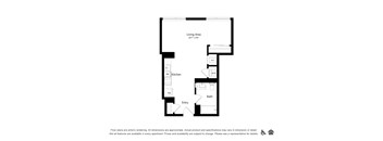 A floor plan of an apartment with a living area, kitchen, bathroom, and entry.