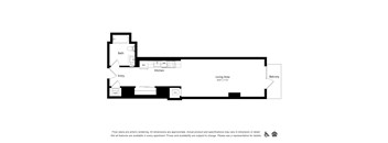 A floor plan of an apartment with a living area, kitchen, bath, and entry.