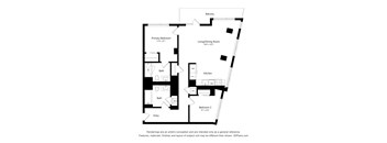 A floor plan of a house with a balcony, two bathrooms, a kitchen, a living/dining room, a primary bedroom, and a second bedroom.