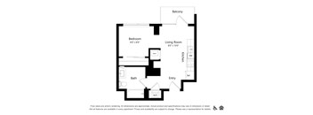 A floor plan of an apartment with a bedroom, living room, bath, and kitchen.