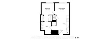 A floor plan of an apartment with a bedroom, living room, kitchen, bath, and entry.