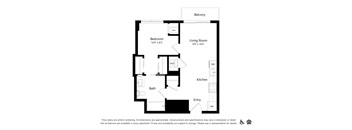 A floor plan of an apartment with a bedroom, living room, kitchen, bath, and entry.