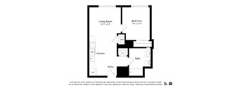A floor plan of an apartment with a living room, kitchen, bath, and bedroom.
