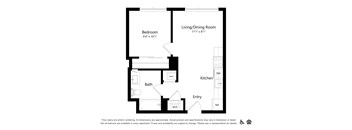 A floor plan of an apartment with a bedroom, living/dining room, kitchen, bath, entry, and a laundry area.