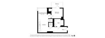 A floor plan of an apartment with a living/dining room, kitchen, bath, and bedroom.