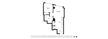A floor plan of an apartment with a living room, kitchen, bath, and bedroom.