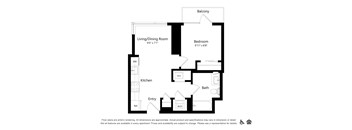 A floor plan of an apartment with a living/dining room, kitchen, bath, bedroom, and balcony.