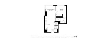 A floor plan of an apartment with a living/dining room, kitchen, bath, bedroom, and entry.