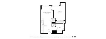 A floor plan of an apartment with a living/dining room, kitchen, bath, and bedroom.