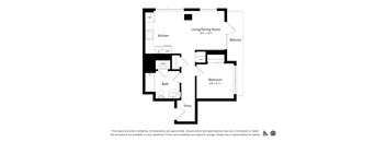 A floor plan of an apartment with a living/dining room, kitchen, bath, bedroom, balcony, and entry.