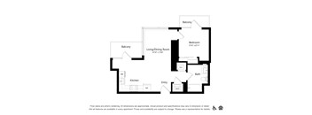 A floor plan of an apartment with a living room, kitchen, bathroom, and bedroom.
