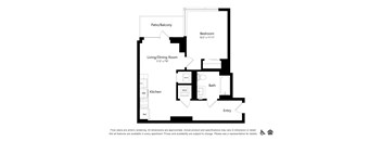 A floor plan of an apartment with a living room, dining room, kitchen, bath, and bedroom.