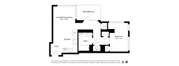 A floor plan of an apartment with a living/dining room, kitchen, bath, and bedroom.