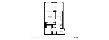 A floor plan of an apartment with a living/dining room, kitchen, bath, and bedroom.