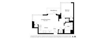 A black and white floor plan of an apartment with a living/dining room, kitchen, bath, and bedroom.