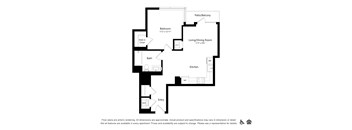 A black and white floor plan of an apartment with a living room, dining room, kitchen, bathroom, bedroom, and entry.
